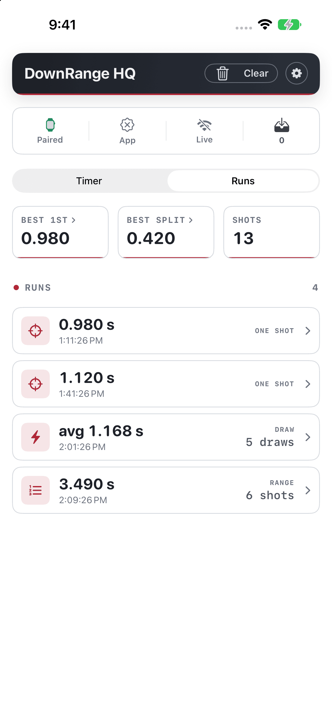 Shot Timer run history on iPhone
